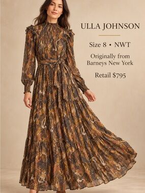 Ulla Johnson Brown Multi Long-Sleeve Smocked Maxi Dress